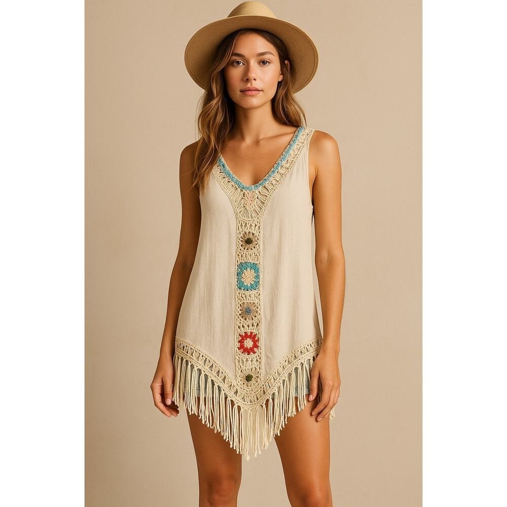 NEGS Boho Crochet Fringe Tunic Dress Cream Granny Square Festival‎ Sleeveless